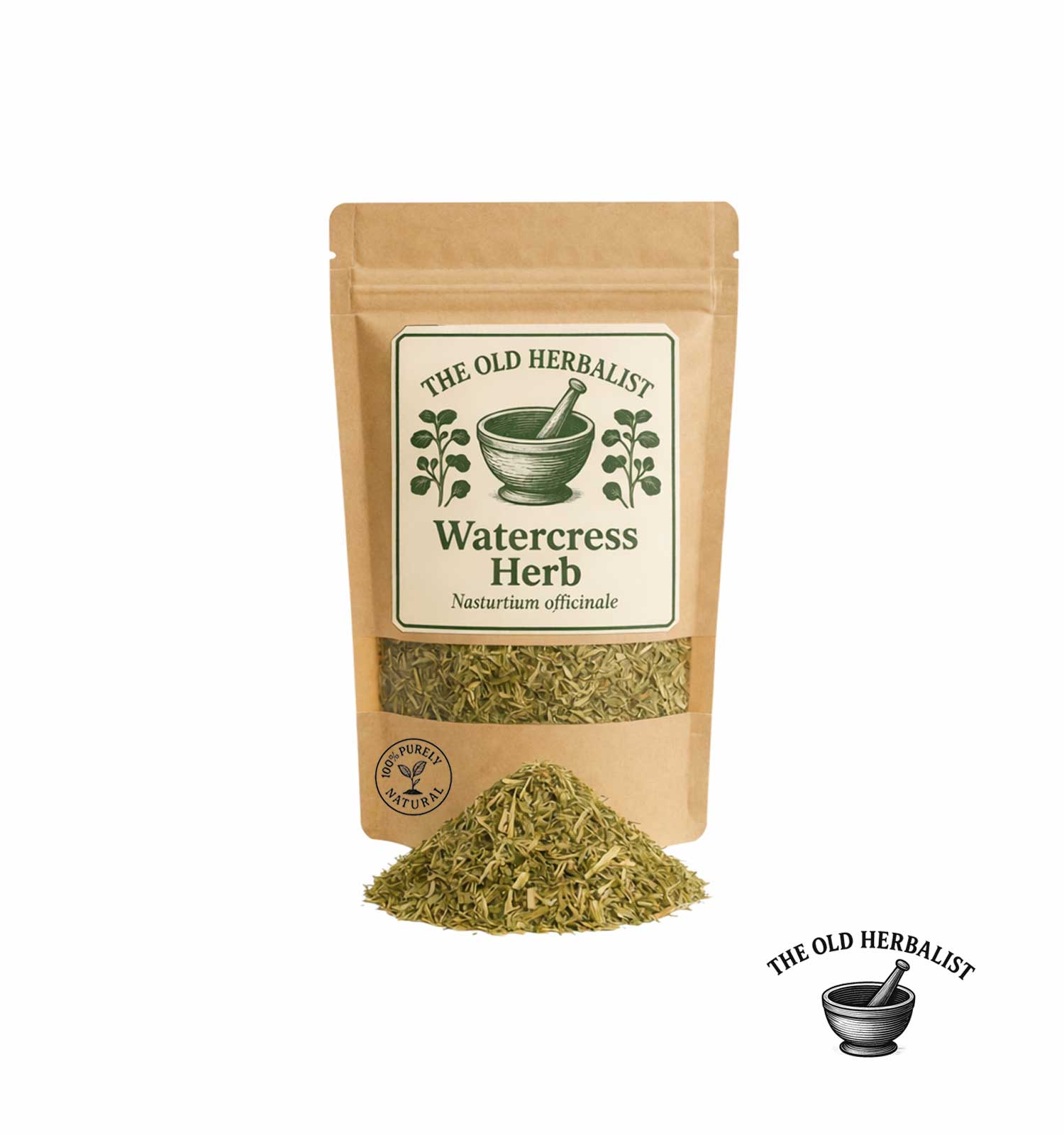 Dried watercress herb in kraft pouch – herbal ingredient.

