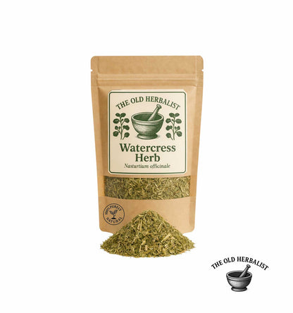 Dried watercress herb in kraft pouch – herbal ingredient.
