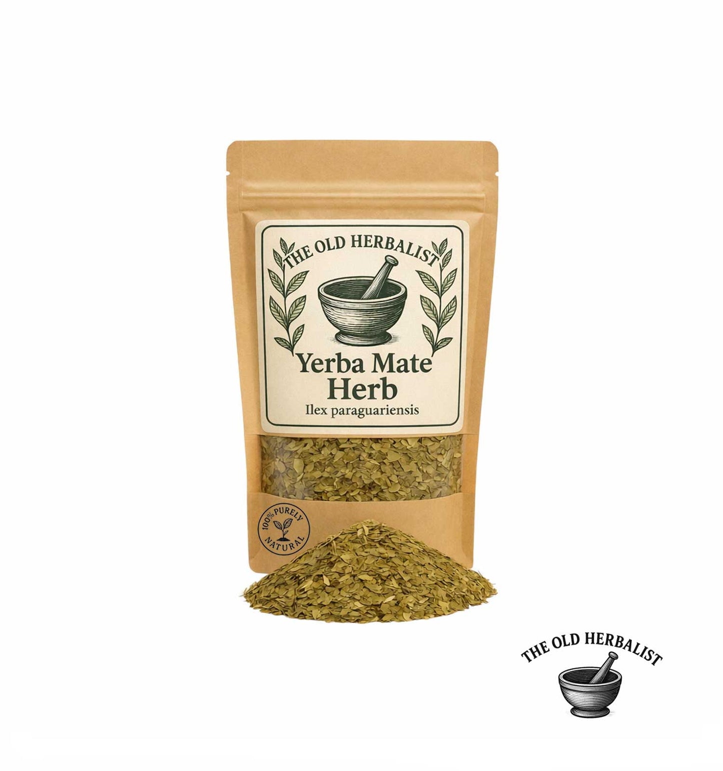 Dried yerba mate leaves in kraft pouch – herbal tea ingredient.