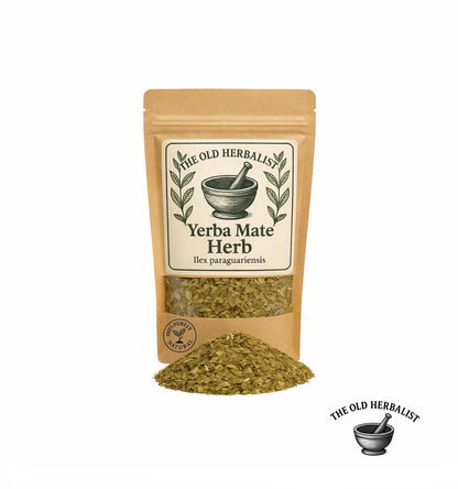 Dried yerba mate leaves in kraft pouch – herbal tea ingredient.