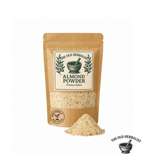 Dried almond powder in kraft pouch – natural baking ingredient.