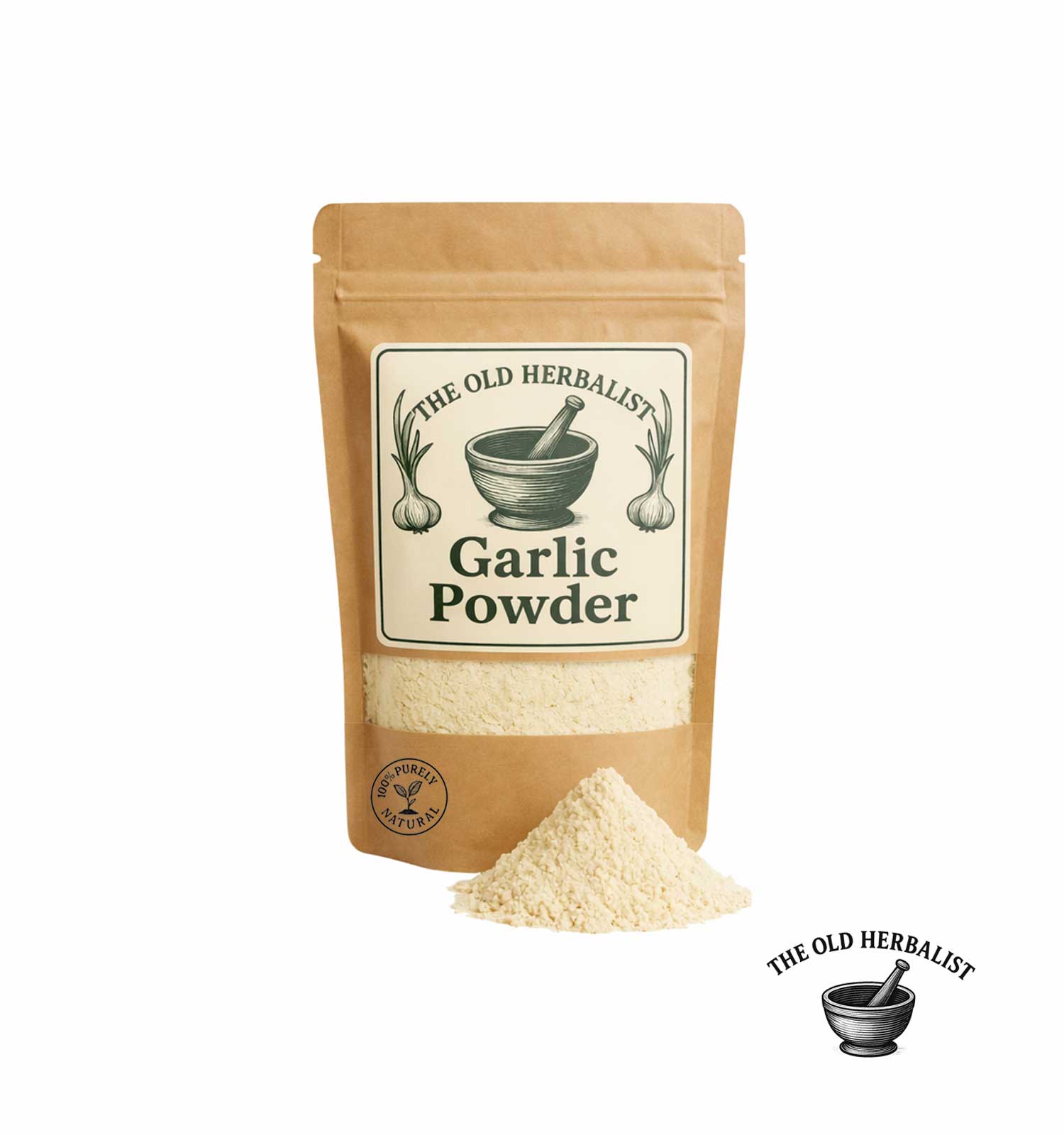 Garlic powder in kraft pouch – natural culinary spice.
