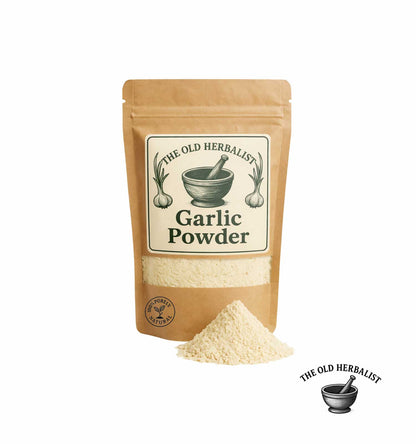 Garlic powder in kraft pouch – natural culinary spice.
