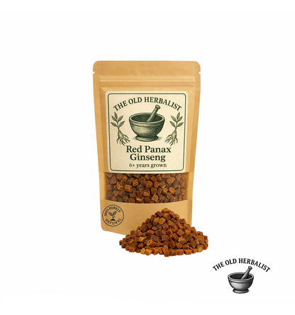 Red Panax ginseng root pieces in kraft pouch – herbal root ingredient.

