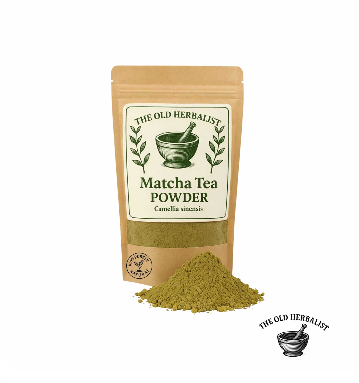 Matcha tea powder in kraft pouch – Camellia sinensis green tea.
