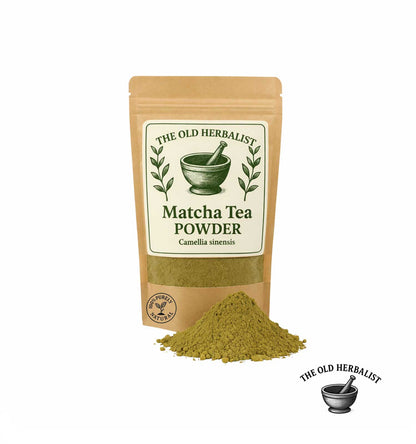 Matcha tea powder in kraft pouch – Camellia sinensis green tea.
