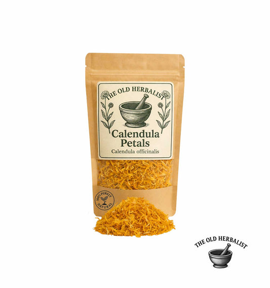 Dried calendula petals in kraft pouch – herbal flower.
