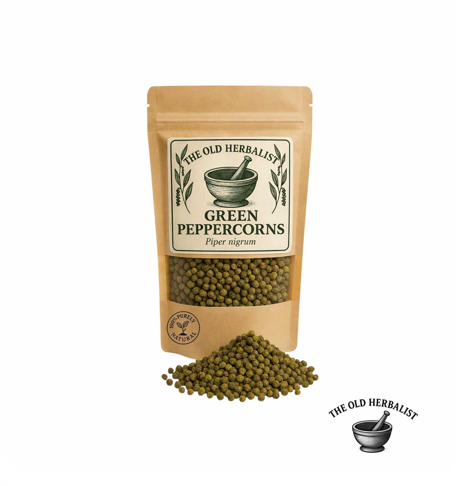 Green peppercorns in kraft pouch – Piper nigrum spice.
