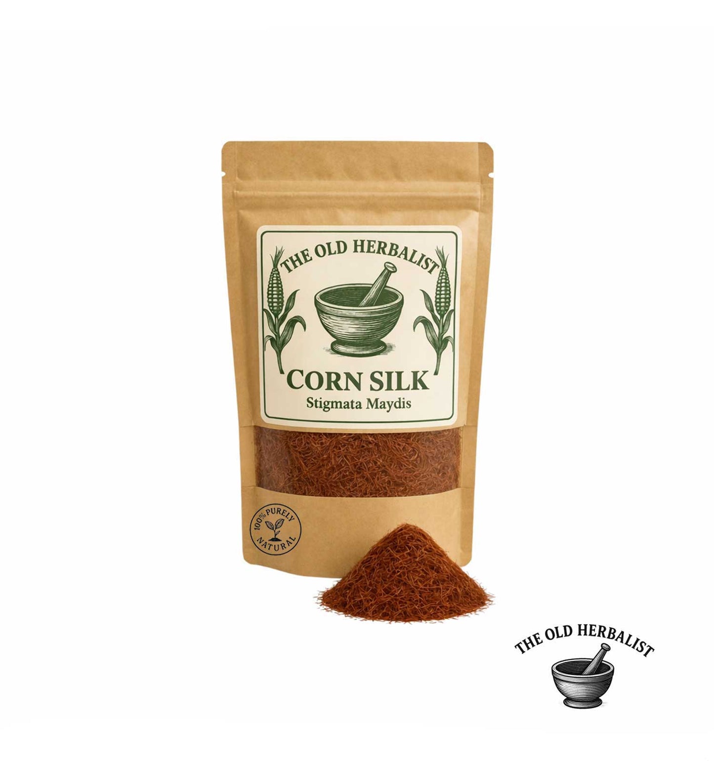 Dried corn silk in kraft pouch – herbal tea ingredient.
