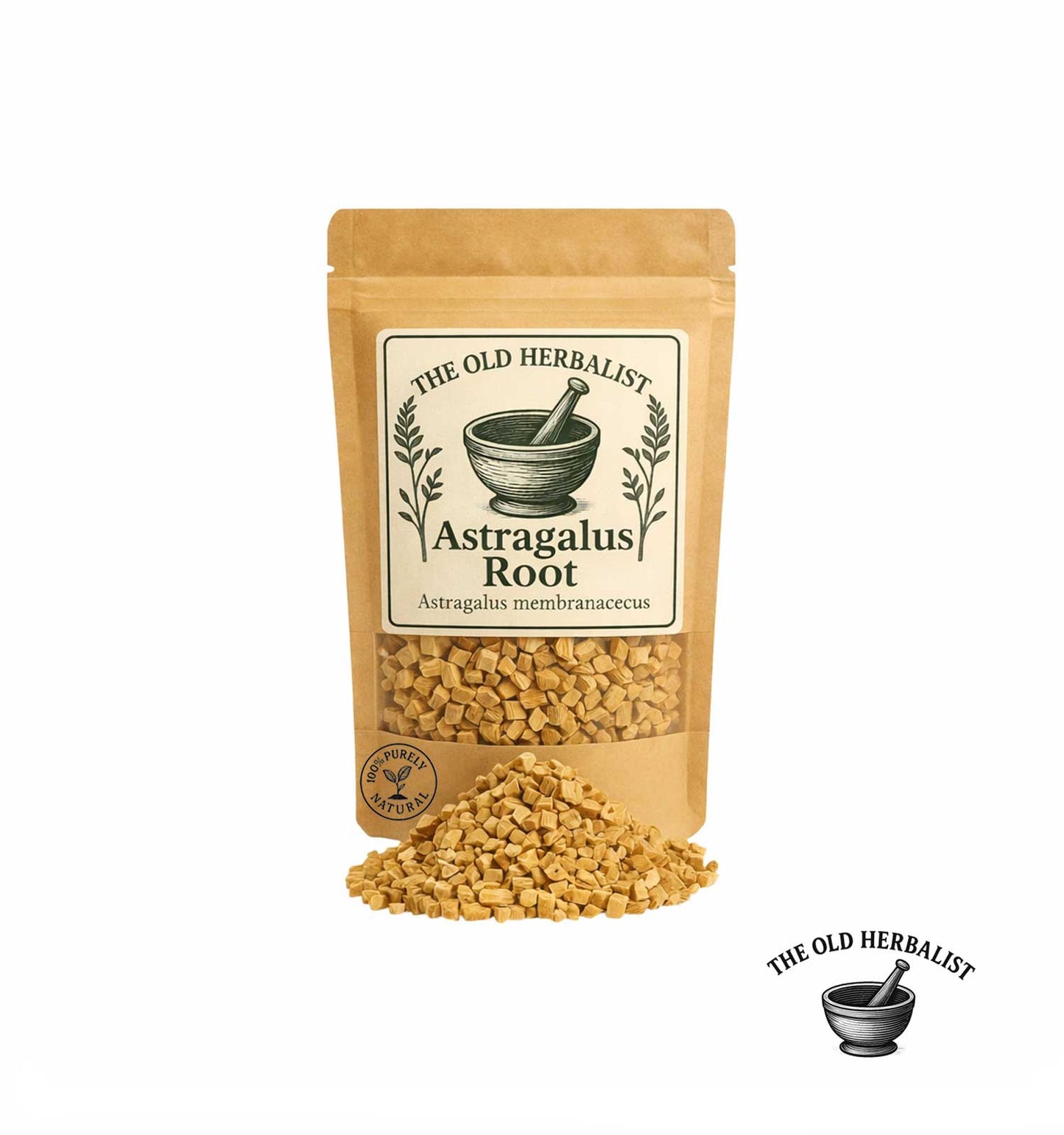 Dried astragalus root pieces in kraft pouch – traditional herbal ingredient.
