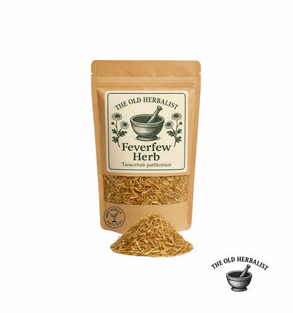 Dried feverfew herb in kraft pouch – herbal ingredient.