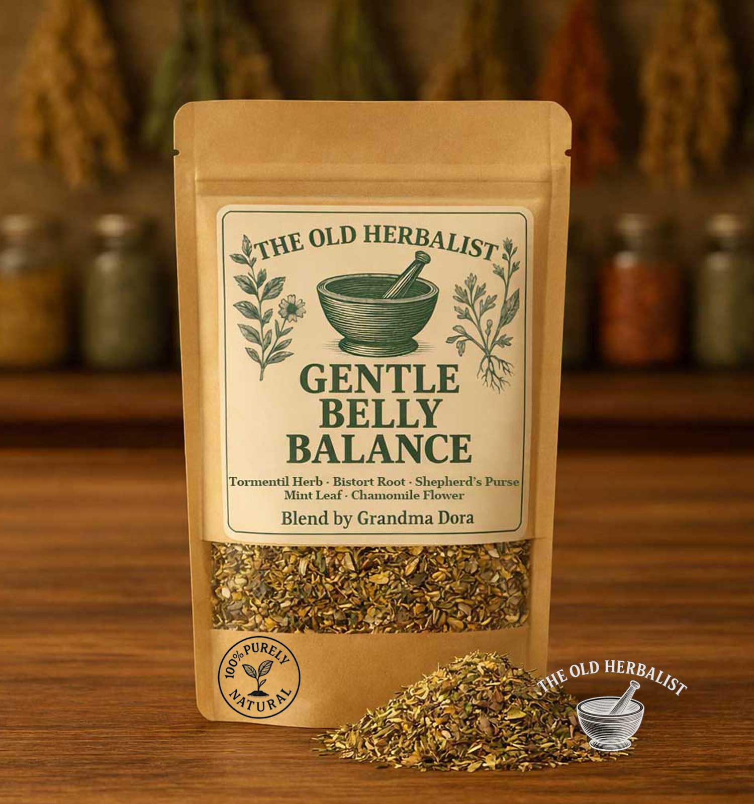Gentle Belly Balance loose leaf herbal tea blend in kraft pouch.