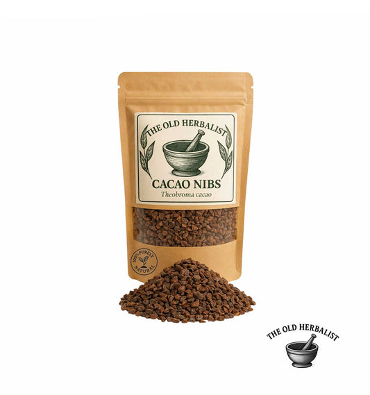 Raw cacao nibs in kraft pouch – natural cacao beans.