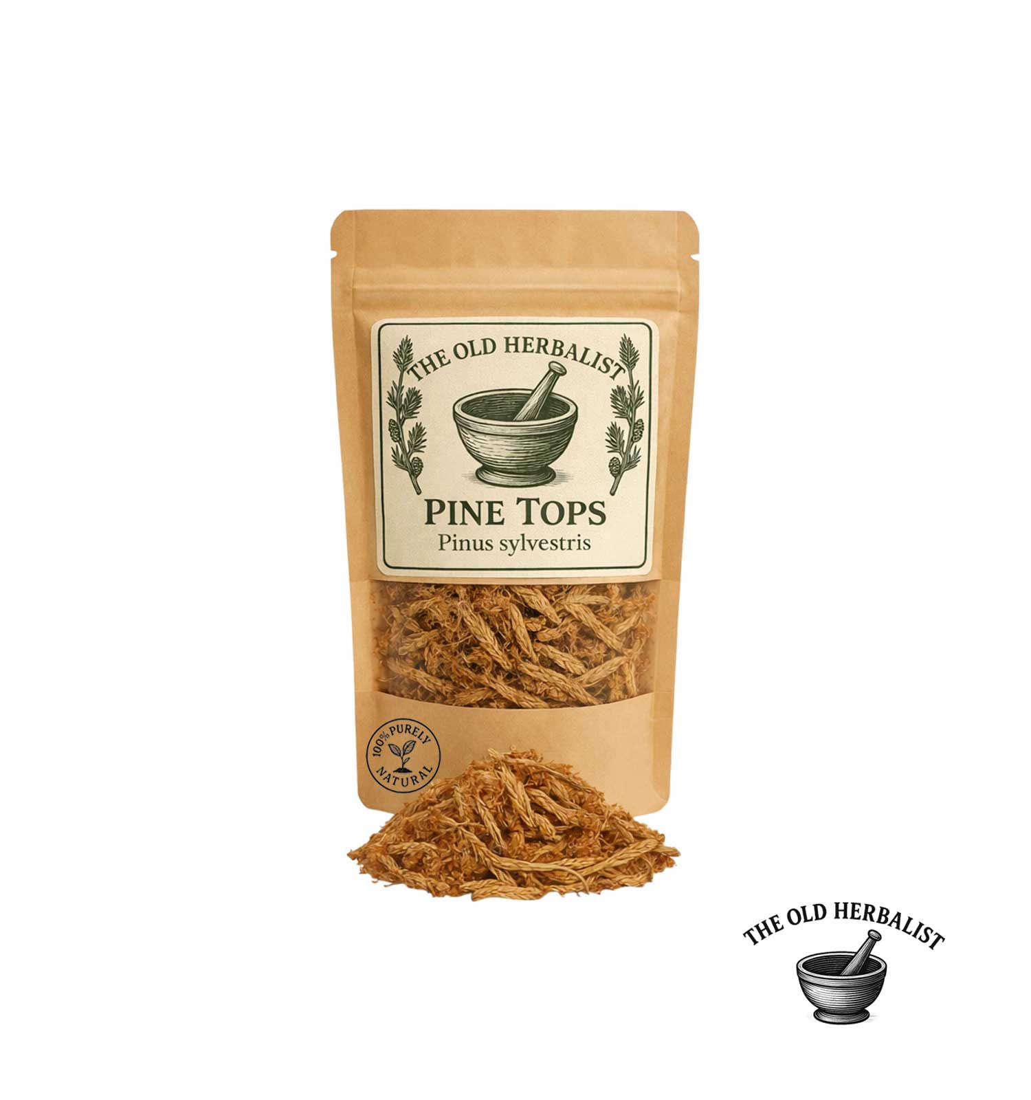 Dried pine tops in kraft pouch – Pinus sylvestris herbal ingredient.
