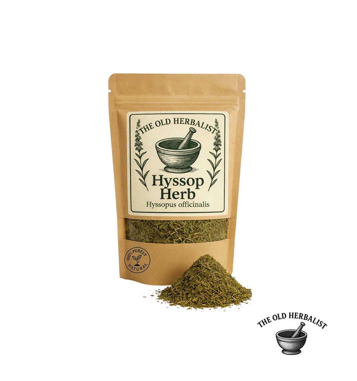 Package of hyssop herb with 'The Old Herbalist' branding on a white background