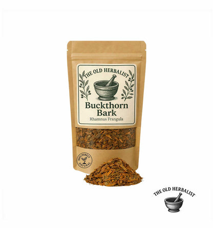 Dried buckthorn bark in kraft pouch – herbal bark ingredient.

