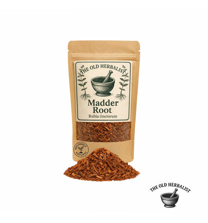 Dried madder root in kraft pouch – herbal root ingredient.

