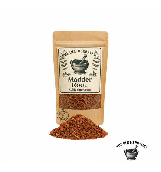Dried madder root in kraft pouch – herbal root ingredient.
