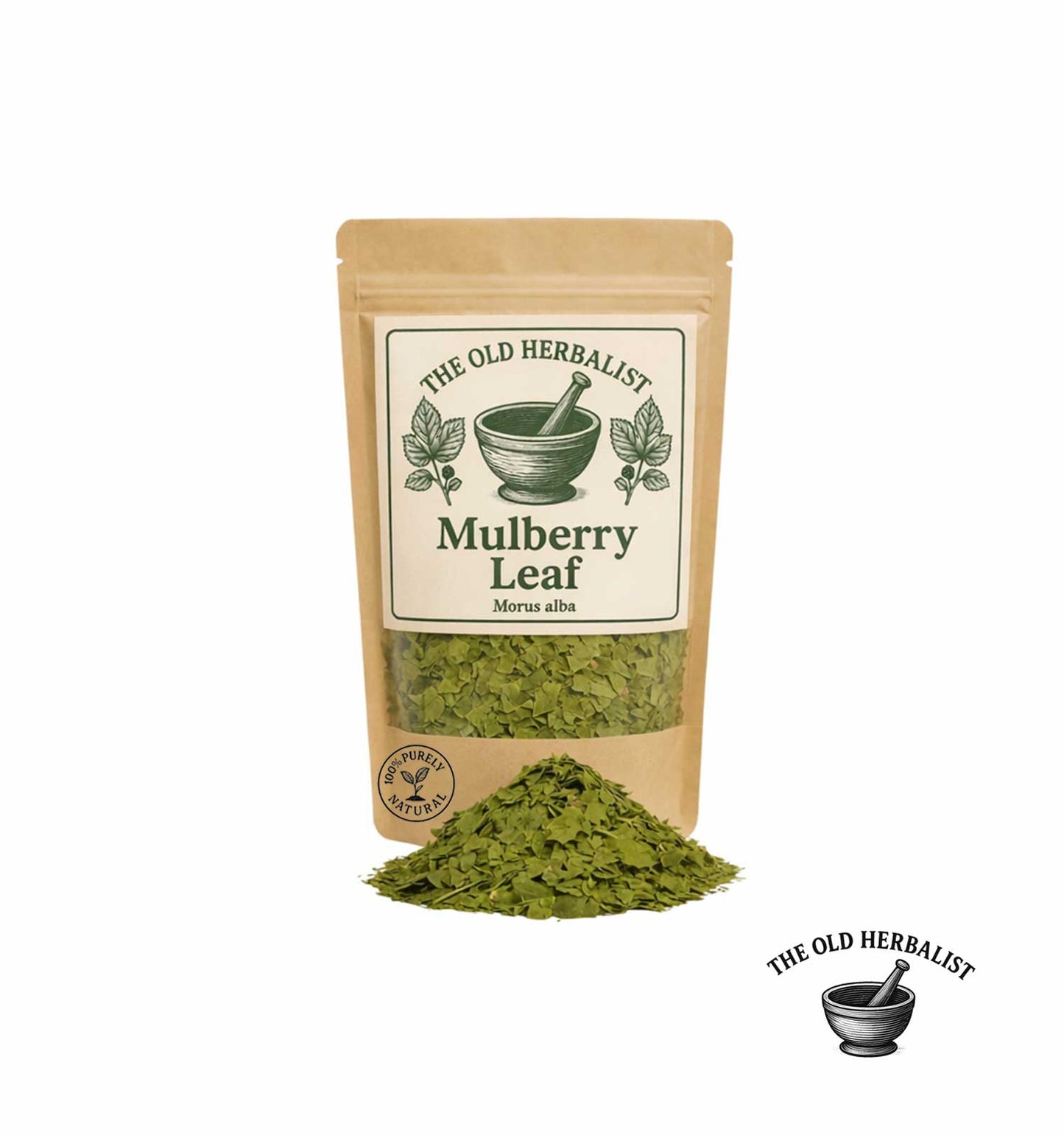 Dried mulberry leaves in kraft pouch – herbal tea ingredient.