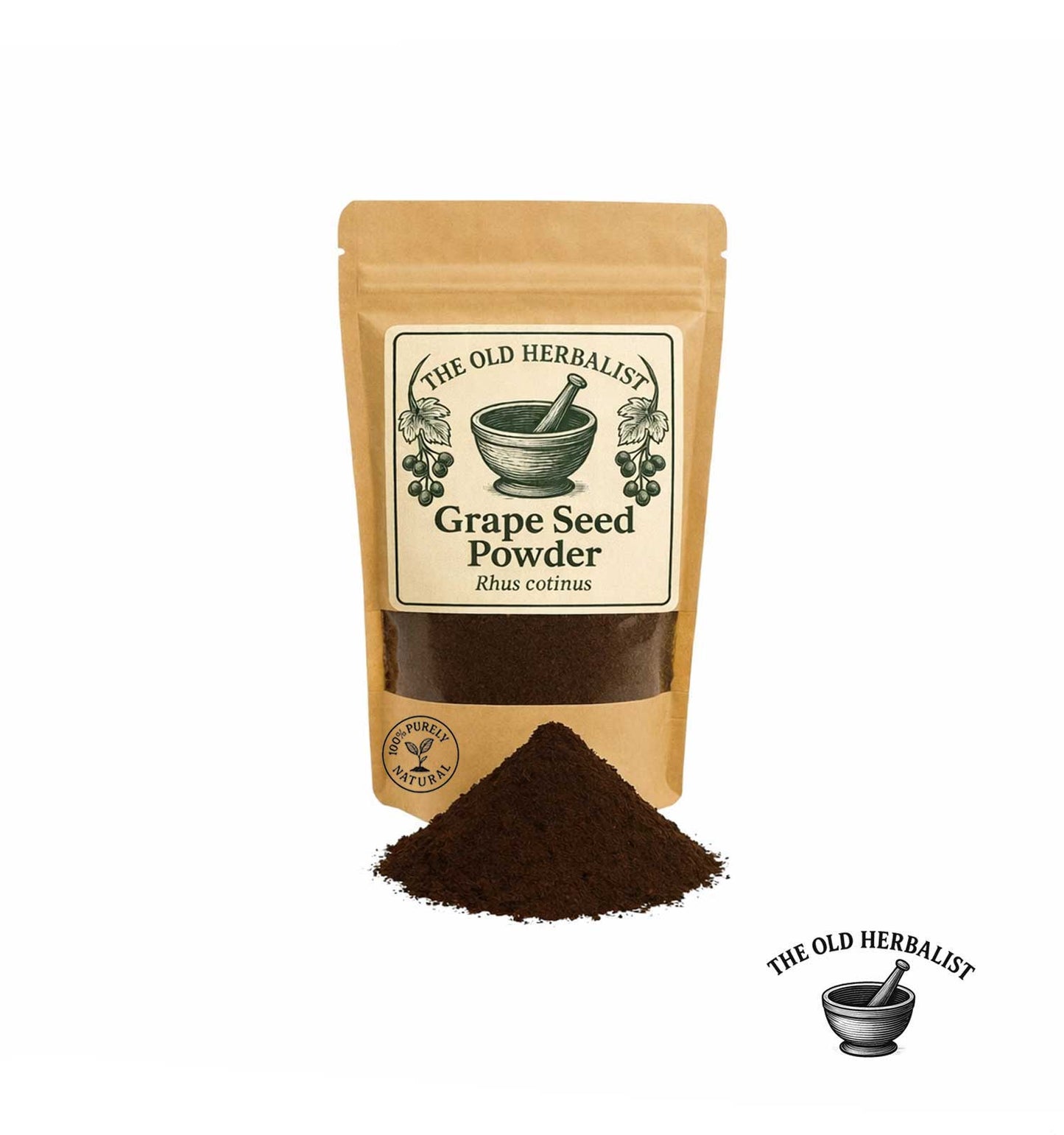 Grape seed powder in kraft pouch – natural herbal powder.
