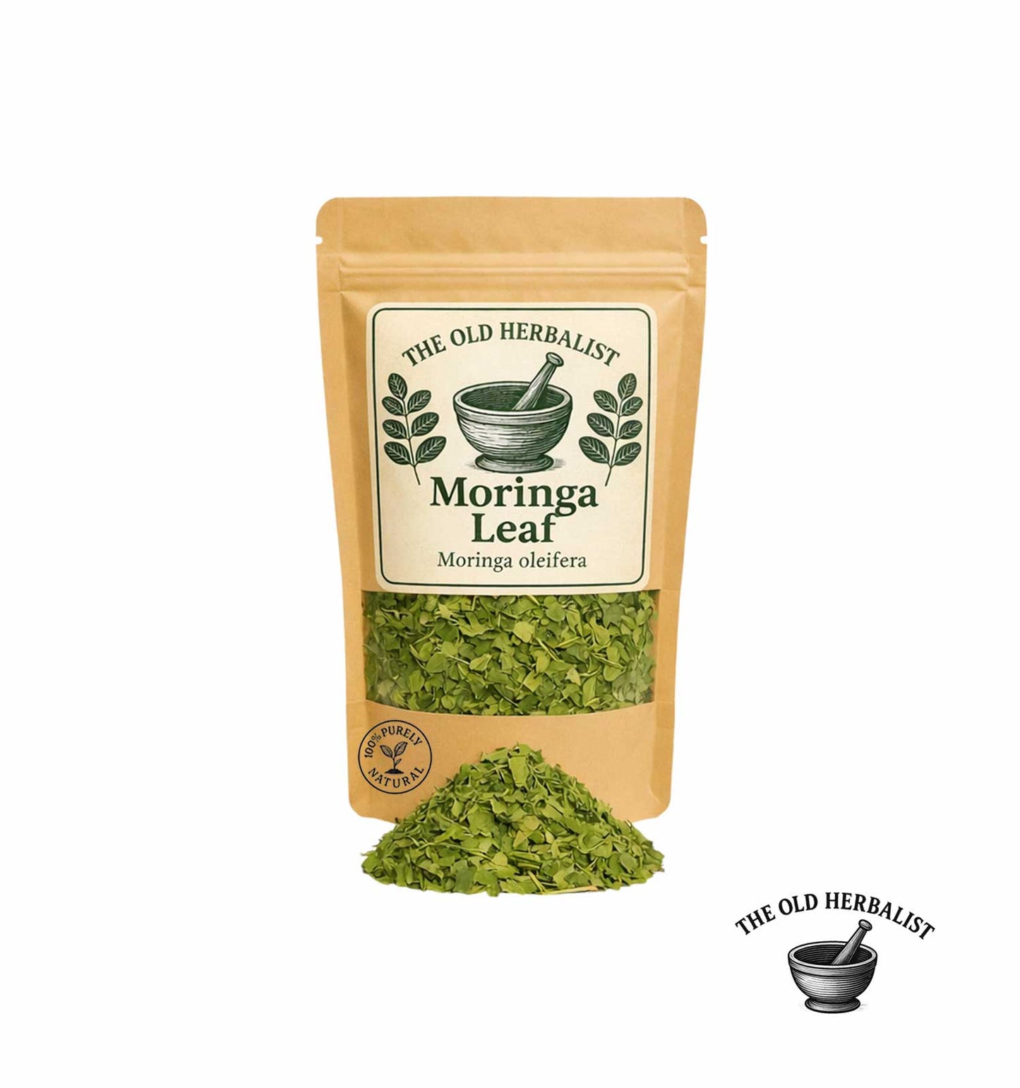Dried moringa leaves in kraft pouch – herbal tea ingredient.
