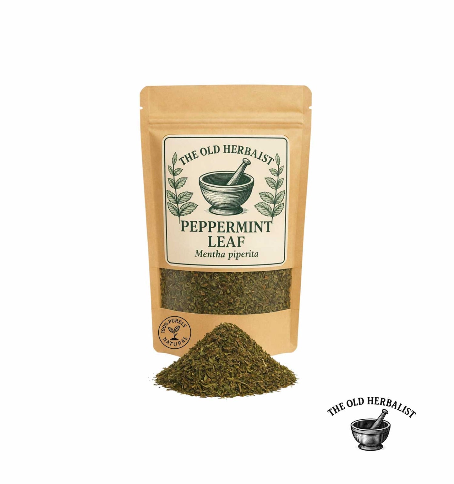 Dried peppermint leaves in kraft pouch – herbal tea and culinary herb.
