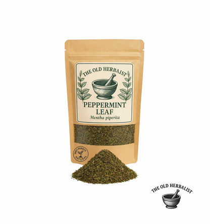 Dried peppermint leaves in kraft pouch – herbal tea and culinary herb.
