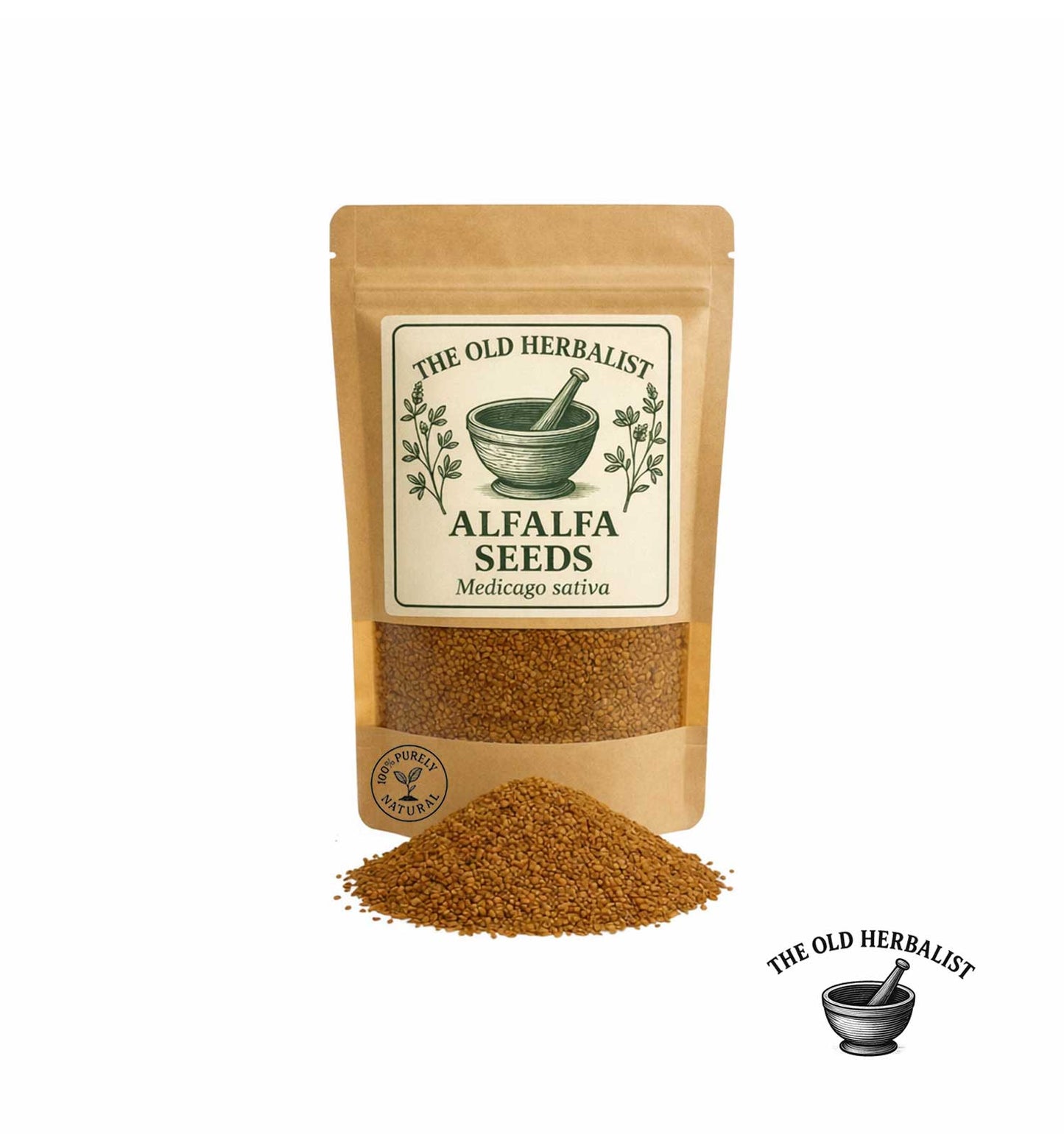 Alfalfa seeds in kraft pouch for sprouting and herbal use.
