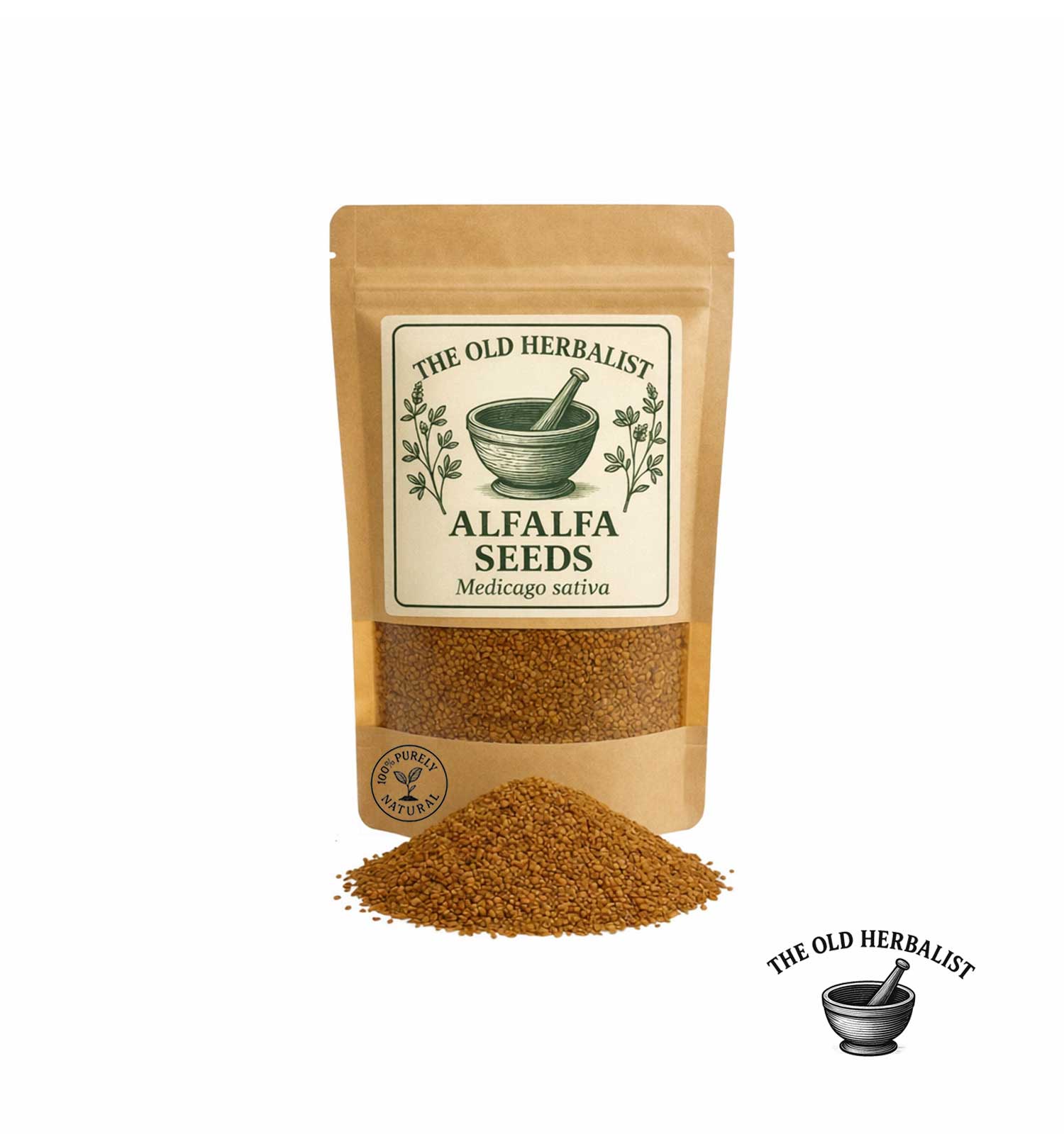 Alfalfa seeds in kraft pouch for sprouting and herbal use.
