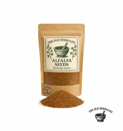 Alfalfa seeds in kraft pouch for sprouting and herbal use.
