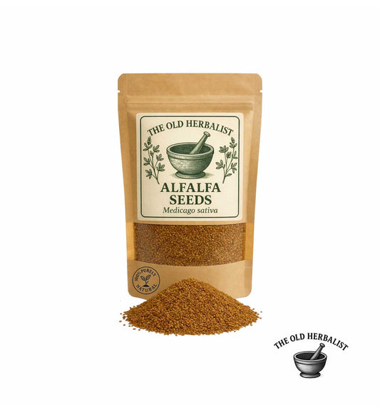 Alfalfa seeds in kraft pouch for sprouting and herbal use.
