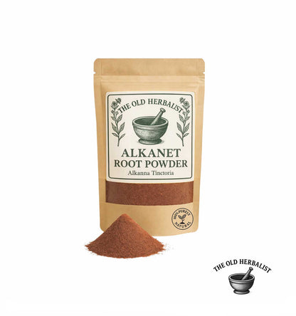 Dried alkanet root powder in kraft pouch – natural botanical ingredient.