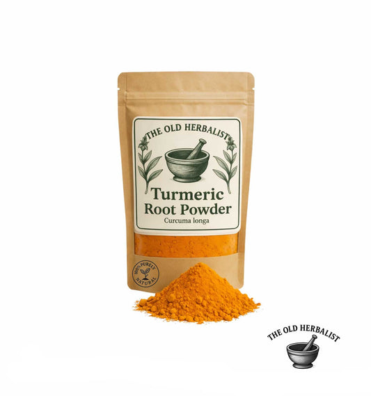 Dried turmeric root powder in kraft pouch – herbal spice.
