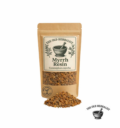 Dried myrrh resin granules in kraft pouch – natural aromatic resin.