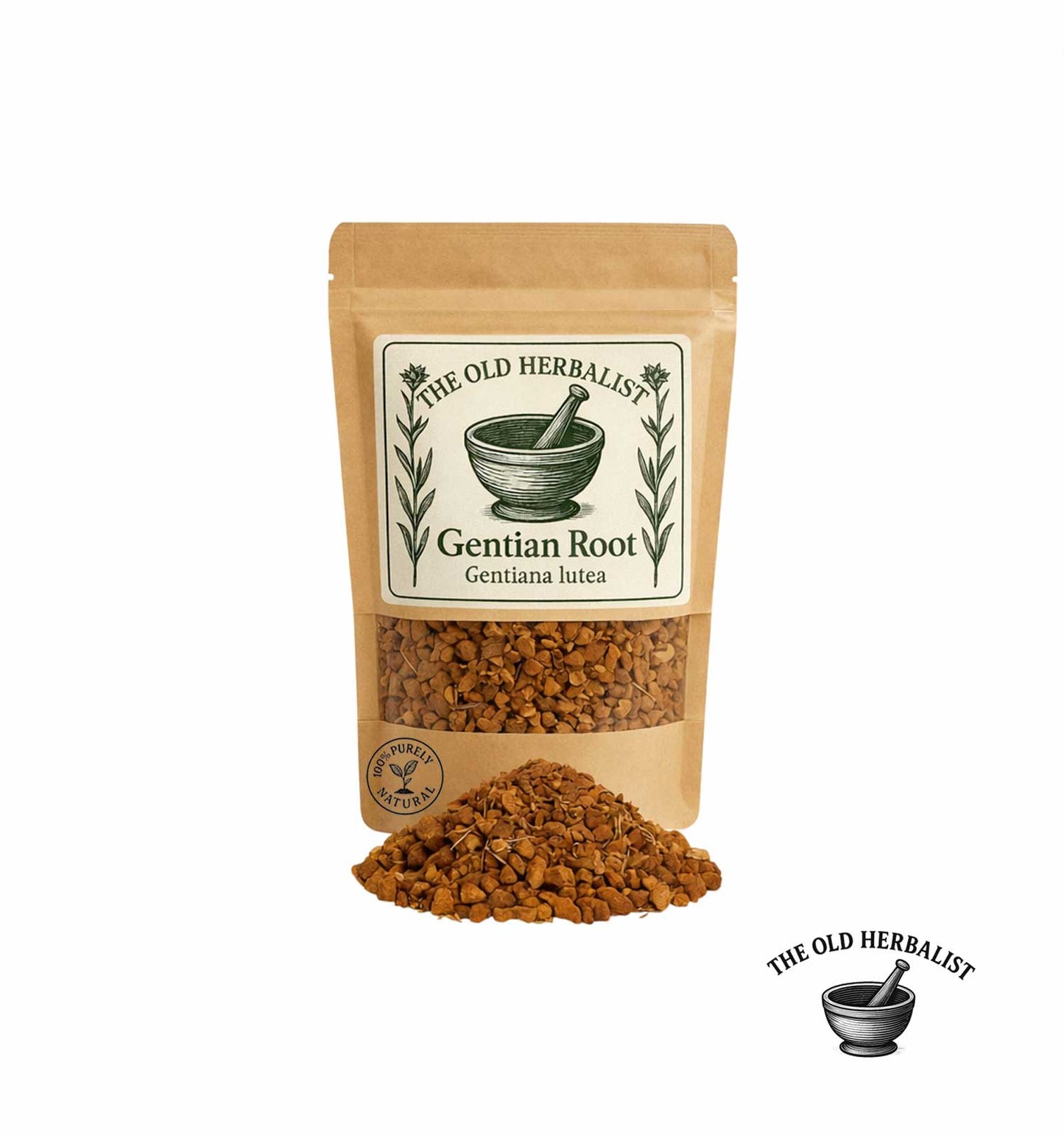 Package of Gentian Root by The Old Herbalist with root material spilling out on a white background.