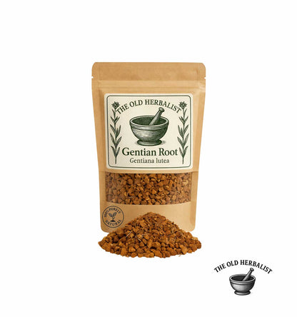 Package of Gentian Root by The Old Herbalist with root material spilling out on a white background.