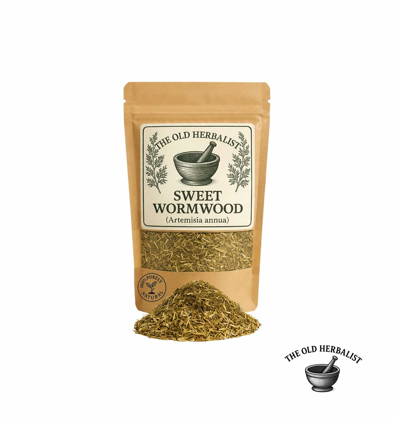 Bag of sweet wormwood with dried herbs on a white background, branded 'The Old Herbalist'.