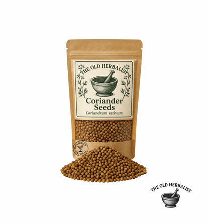 Dried coriander seeds in kraft pouch – natural culinary spice.
