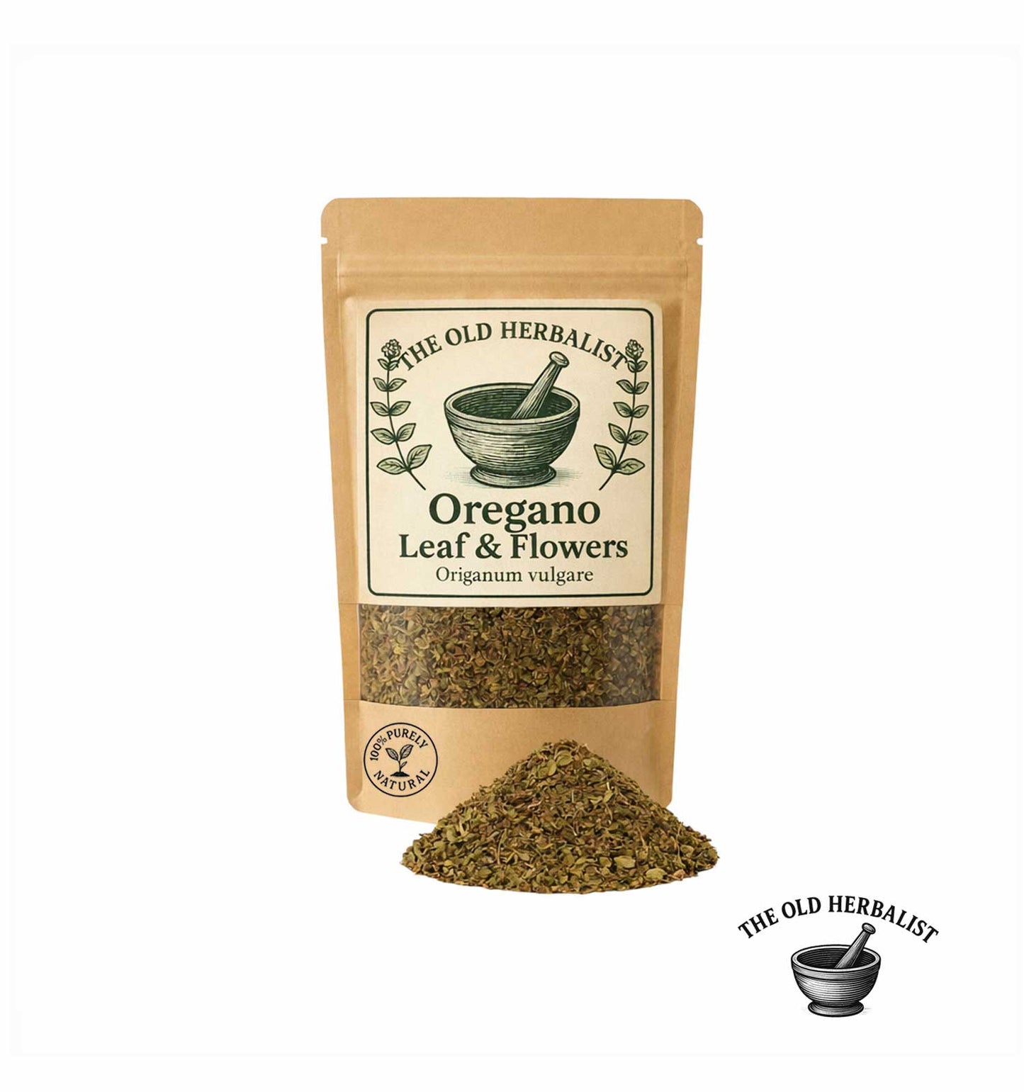 Dried oregano leaf and flowers in kraft pouch – aromatic culinary herb.
