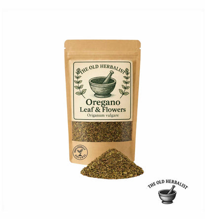 Dried oregano leaf and flowers in kraft pouch – aromatic culinary herb.
