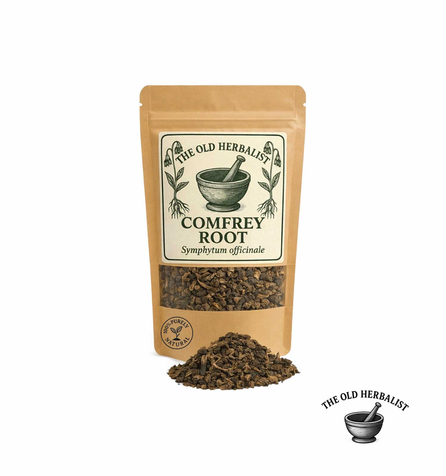 Dried comfrey root pieces in kraft pouch – herbal root ingredient.
