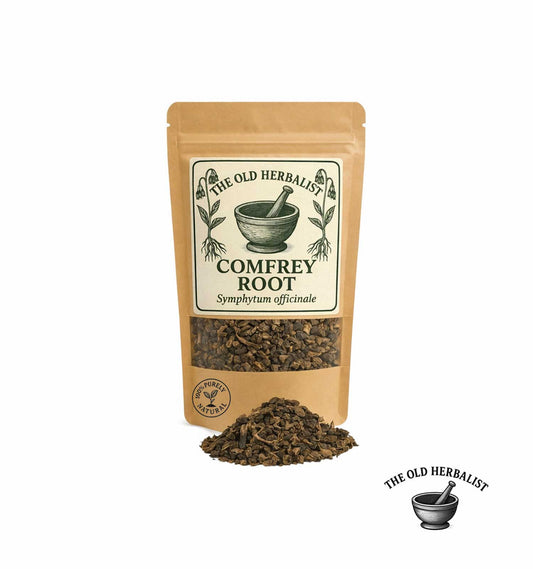 Dried comfrey root pieces in kraft pouch – herbal root ingredient.
