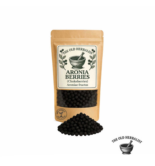 Dried aronia berries in kraft pouch – herbal tea ingredient.
