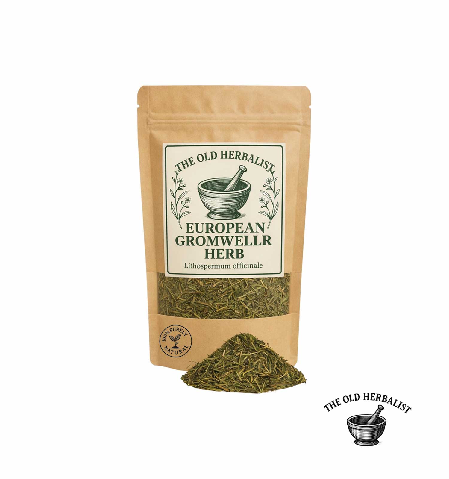 European gromwell herb in kraft pouch – dried herbal ingredient.
