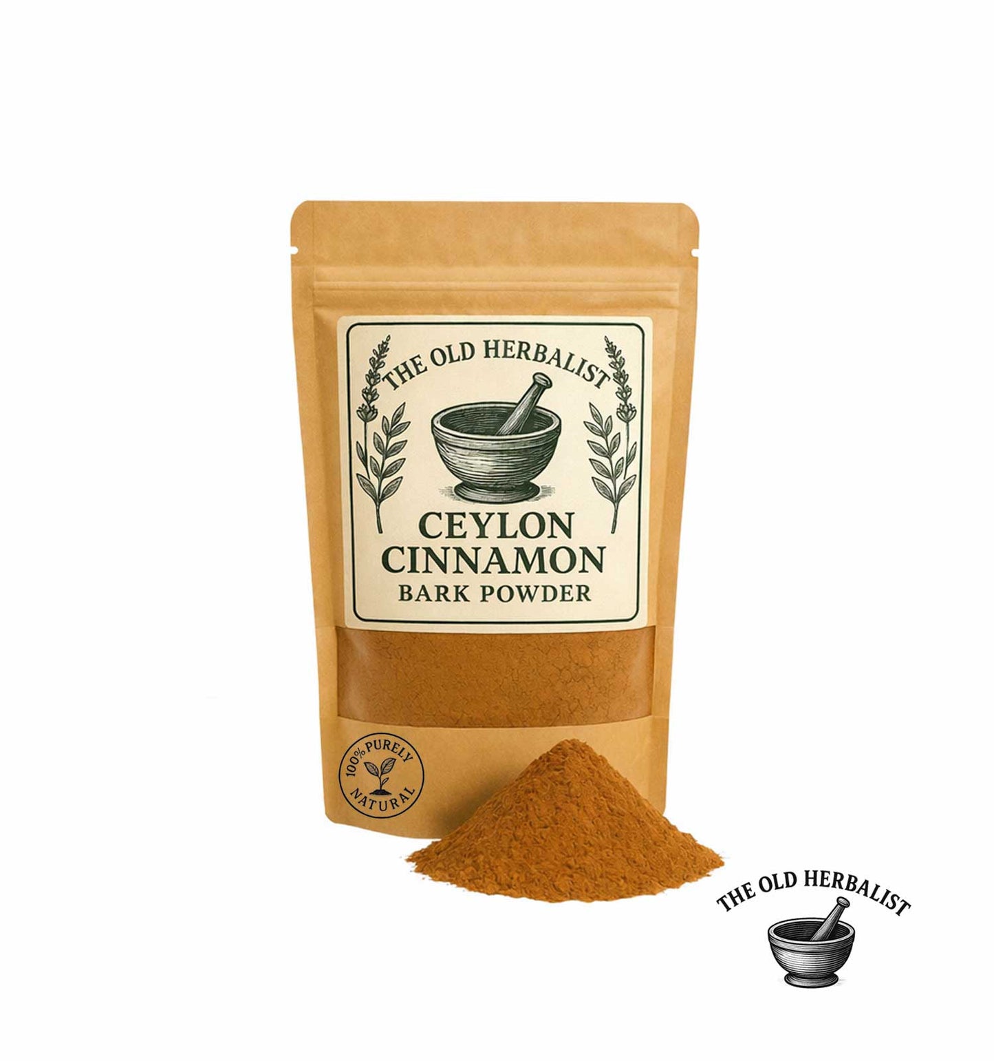 Ceylon cinnamon bark powder in kraft pouch – natural spice ingredient.