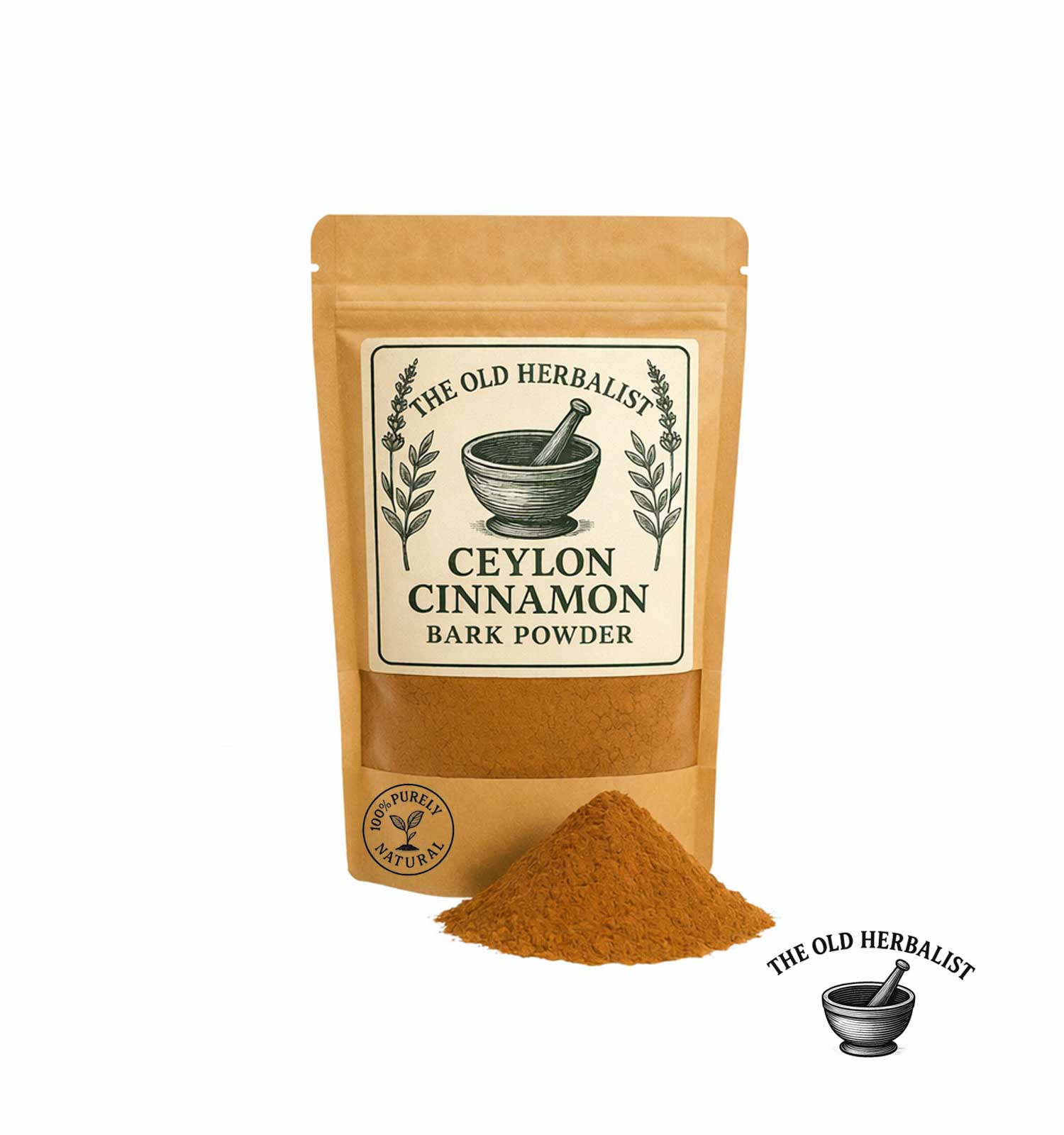 Ceylon cinnamon bark powder in kraft pouch – natural spice ingredient.