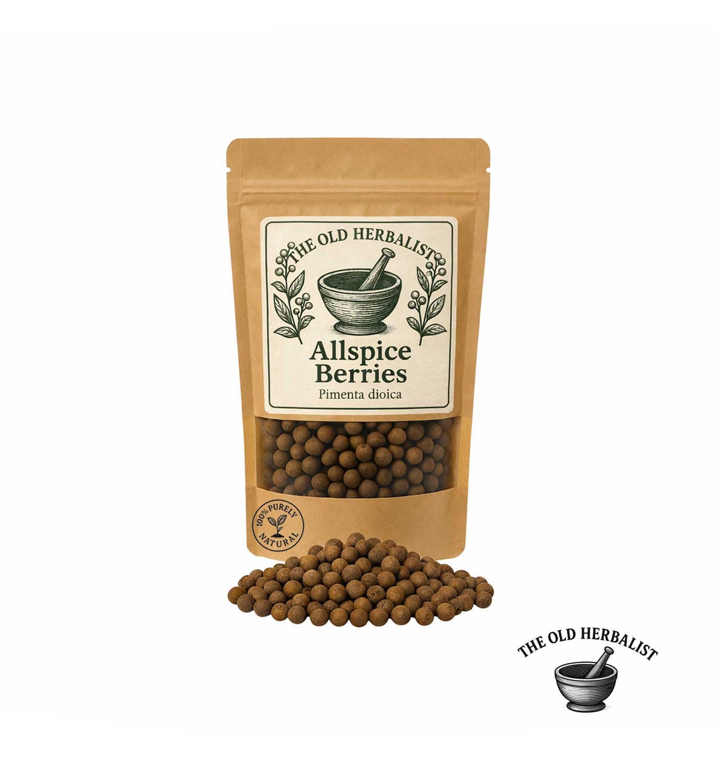 Whole allspice berries in kraft pouch – aromatic spice ingredient.

