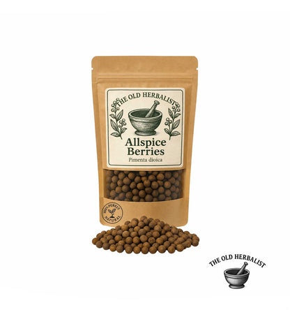Whole allspice berries in kraft pouch – aromatic spice ingredient.
