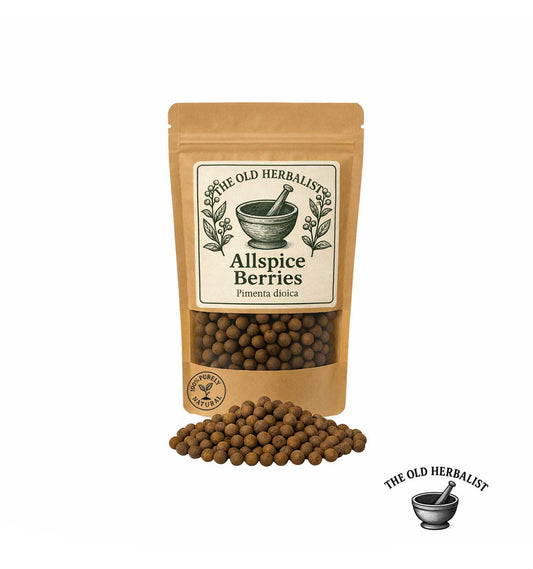 Whole allspice berries in kraft pouch – aromatic spice ingredient.
