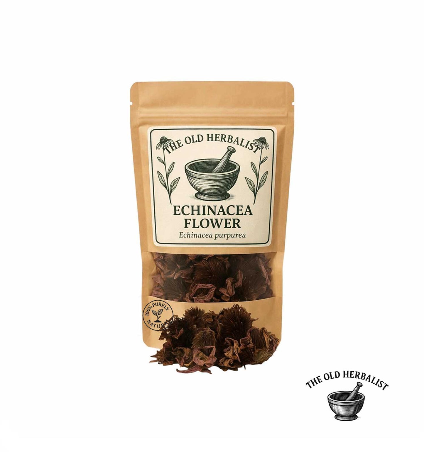 Dried echinacea flowers in kraft pouch – herbal tea ingredient.
